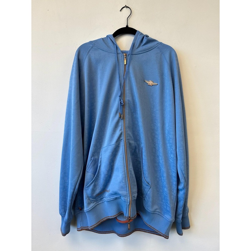 Vintage Rocawear Hoodie 3XL Blue Full‎ Zip All Over Logo Roca Wear Denim Co